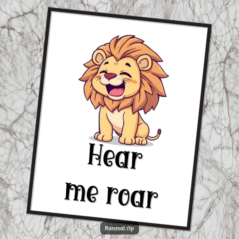 Funny Lion Poster: A proud lion roars with happy abandon, tossing its mane, bringing majestic energy and bold art.