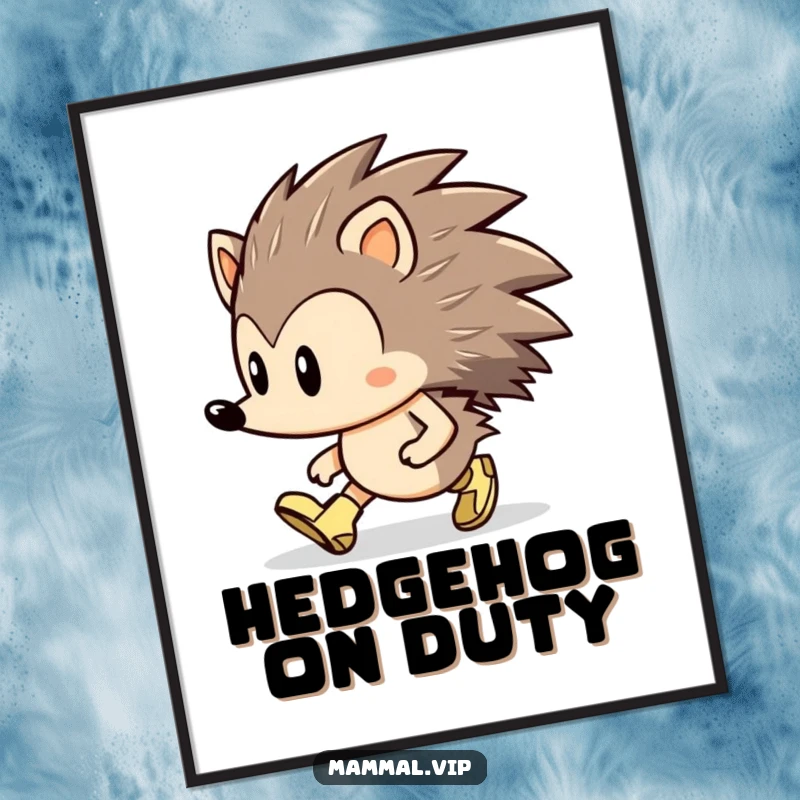 Funny Hedgehog Poster: A determined hedgehog character marching forward confidently, wearing tiny boots, inspiring action.