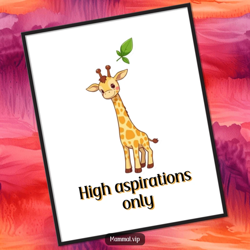 Funny poster of a curious giraffe character stretching its long neck towards a high leaf, creating a whimsical and inspiring visual.