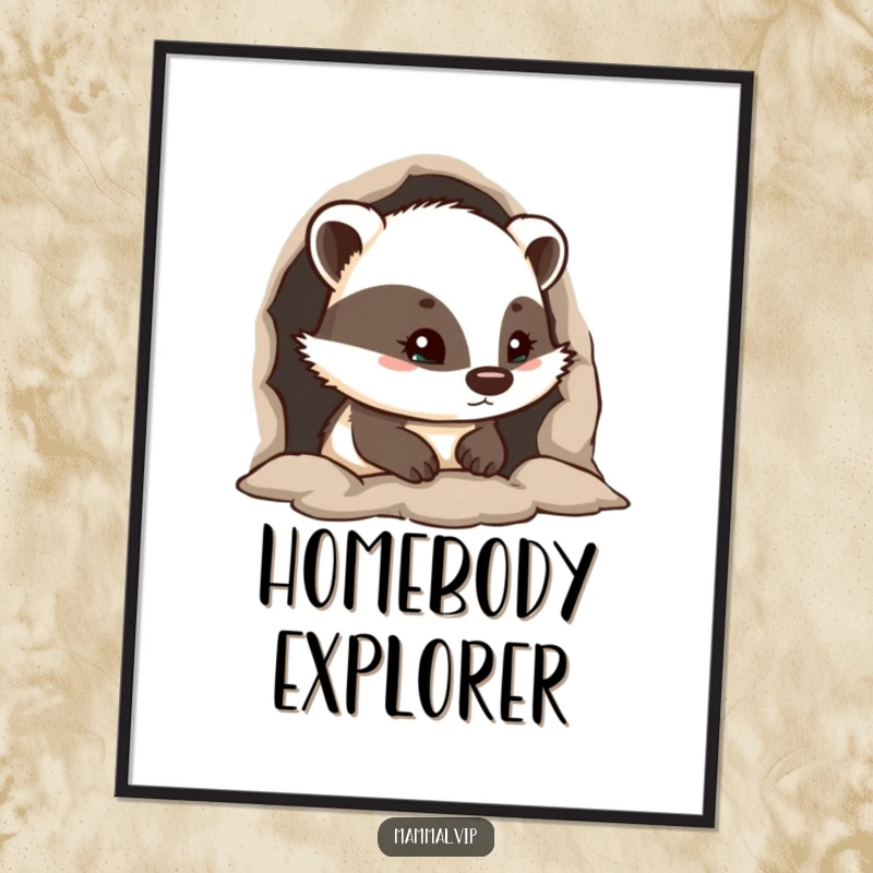 Funny poster of a curious badger peeking from its burrow entrance, capturing a moment of quiet observation and woodland charm.