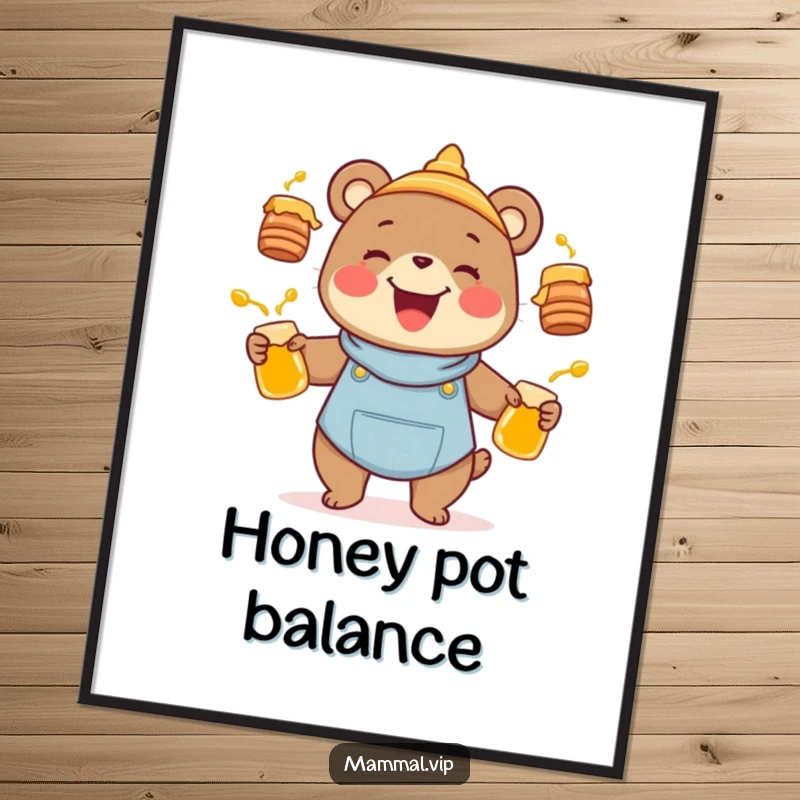 Funny joyful bear character juggling honey pots, presented as a poster, a humorous animal decor and art gift.