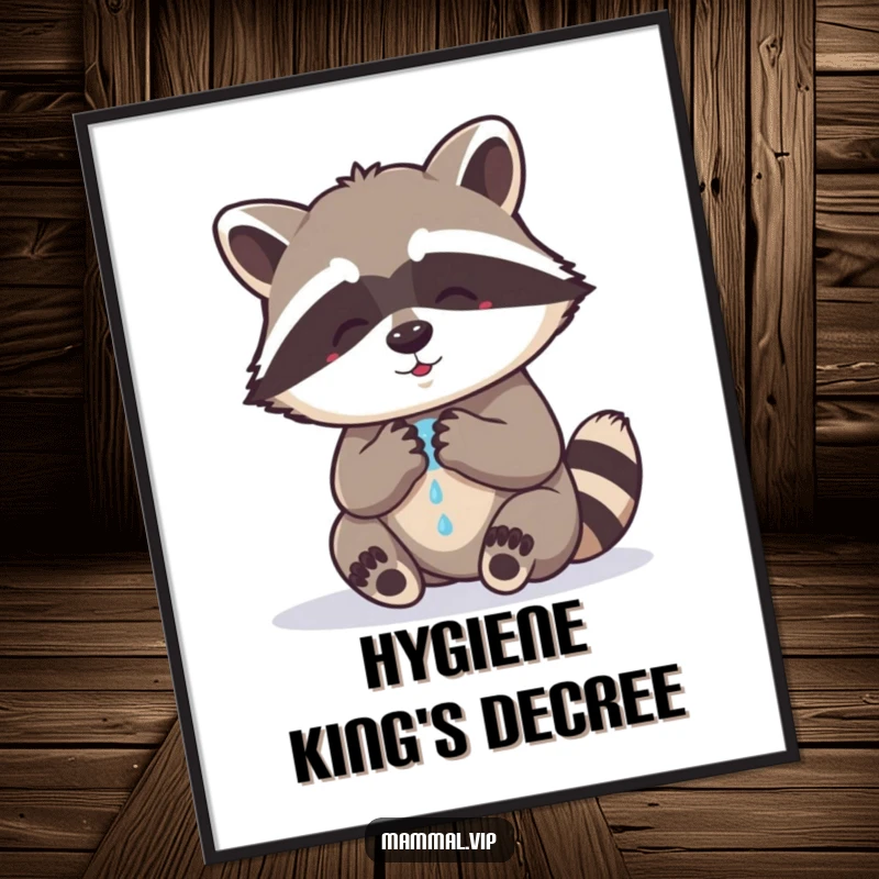 Funny raccoon poster depicting a charming character meticulously washing its paws, creating a humorous and endearing visual for any wall.