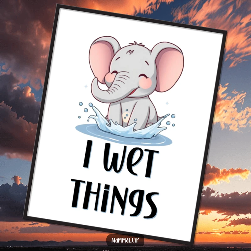 Funny Elephant Poster showcasing a jubilant elephant joyfully splashing water, creating a humorous and uplifting wall art.