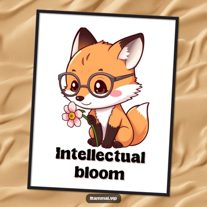 Funny fox wearing spectacles, examining a flower, presented as wall art. A sophisticated funny gift.