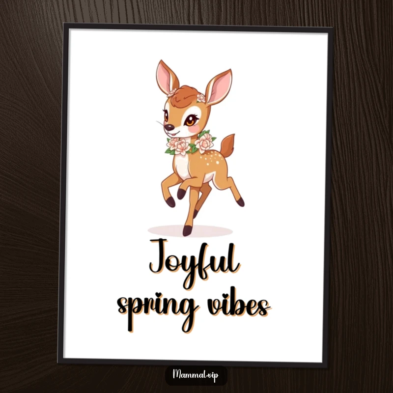 Funny deer fawn with a flower garland, prancing in a forest as wall art. A delightful funny gift.