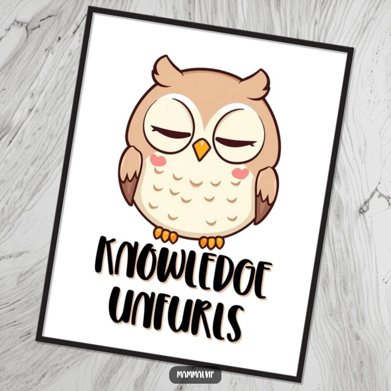 Funny poster of a round, intelligent cartoon owl with large eyes, captured in a slow, deliberate blink.