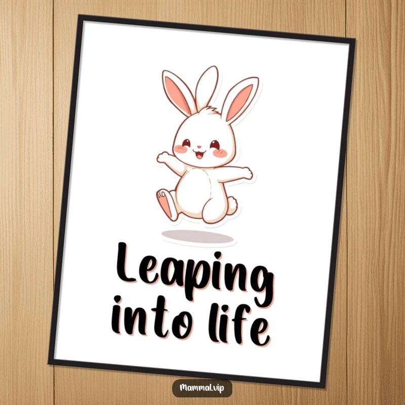 Funny Poster displaying a cheerful rabbit character captured mid-bounce on its hind legs, radiating happiness and playful movement.