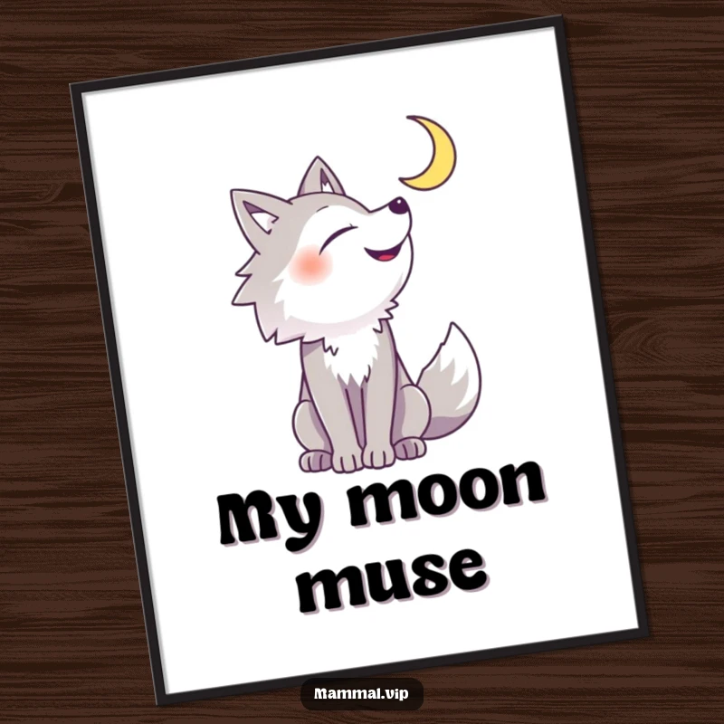 Funny wolf poster displaying a cheerful wolf in mid-howl at a bright crescent moon, radiating happiness and wild abandon.