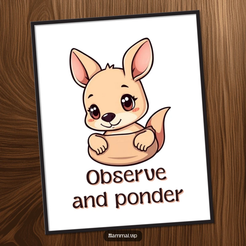 Funny Kangaroo Poster depicting a curious kangaroo with wide eyes peeking from its pouch, a humorous art piece.