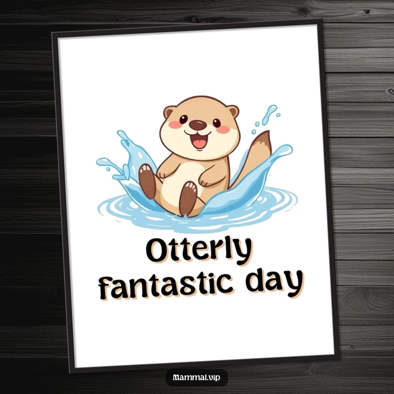 Funny happy otter character art on a poster, sliding down a water splash, bringing playful aquatic energy.