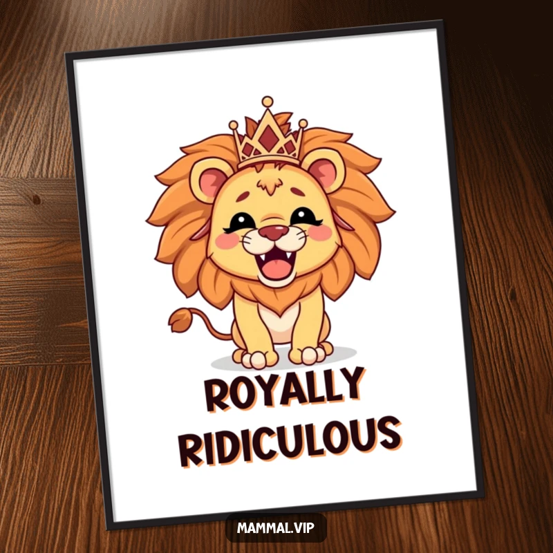 Funny poster featuring a proud lion character wearing a tiny tiara and roaring, evoking strength and playful royalty.