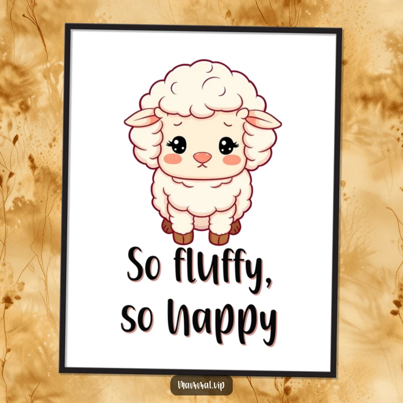 Funny Sheep Poster: A fluffy sheep character with woolly curls looking content, peaceful and charming wall art.