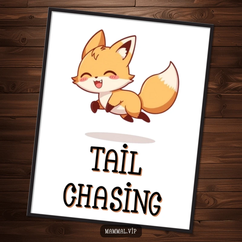 Funny playful fox character gleefully chasing its tail, presented as a poster, a humorous animal decor and art gift.