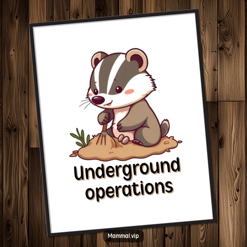Funny energetic badger poster art featuring a determined character digging enthusiastically in soft soil, embodying hard work and passion.