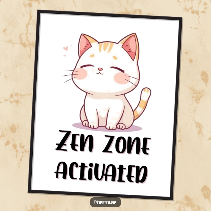 Funny cat poster, a serene cartoon cat with closed eyes, peacefully enjoying the gentle sensation of an outdoor breeze.