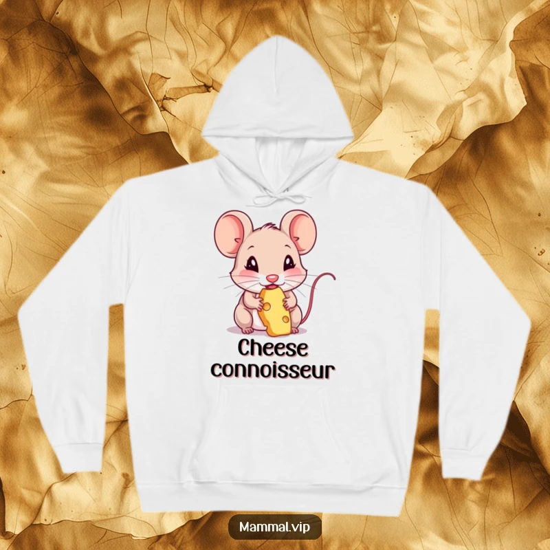 Funny hoodie with a mouse character happily nibbling on cheese. A comfortable and humorous sweatshirt for animal lovers.
