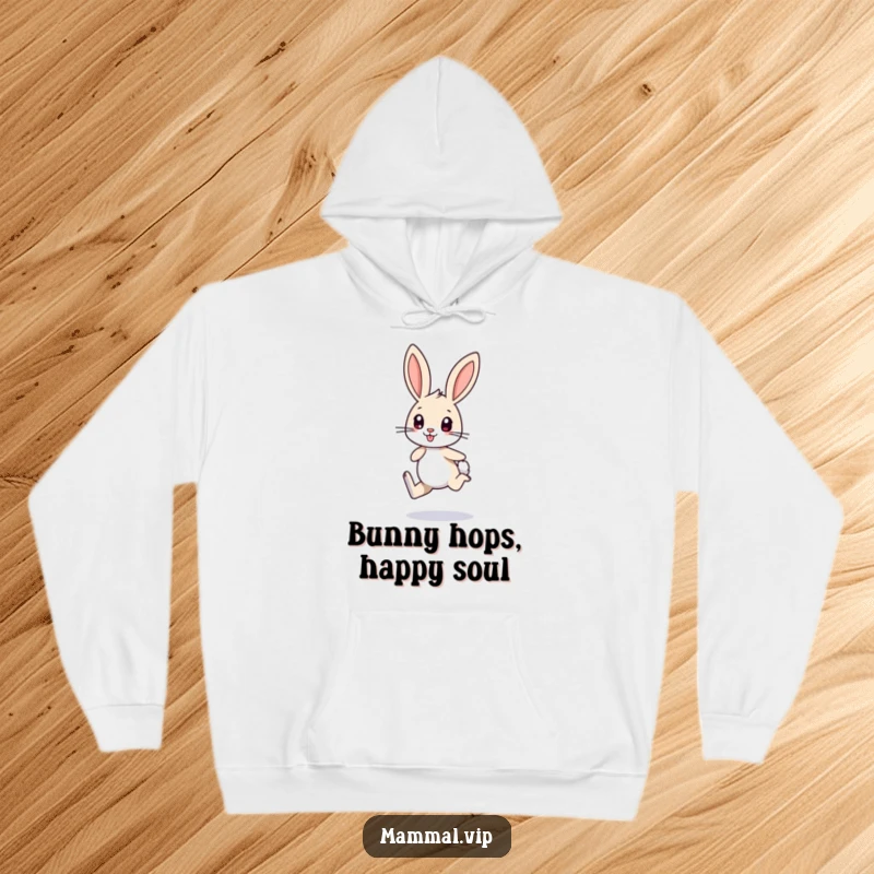 Funny hoodie depicting a small bunny character with long ears, energetically hopping on one leg, perfect for cozy and playful moments.