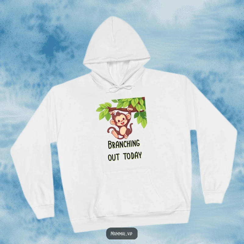 Funny Monkey Swing Hoodie: A soft hoodie featuring a cute monkey swinging from a branch, perfect for cozy adventures. Gift.