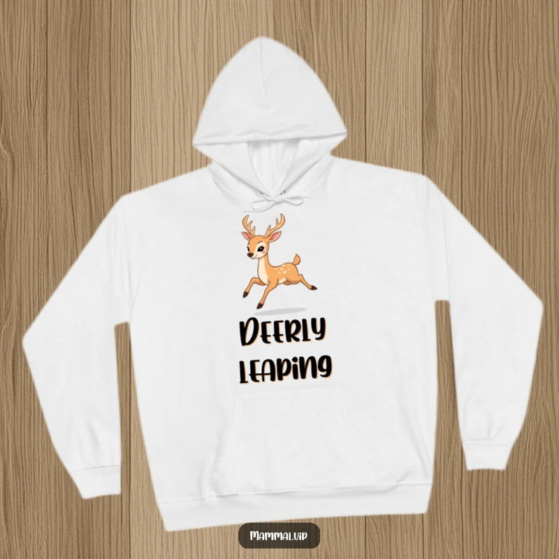 Funny hoodie illustration of a happy deer character elegantly prancing and leaping, a cozy and whimsical design for nature lovers.