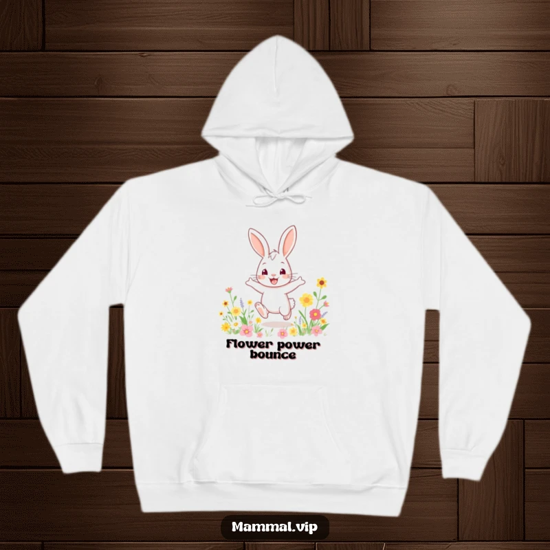 Funny hoodie featuring a bouncy rabbit character energetically hopping in a field of colourful flowers, perfect for cozy cheer.