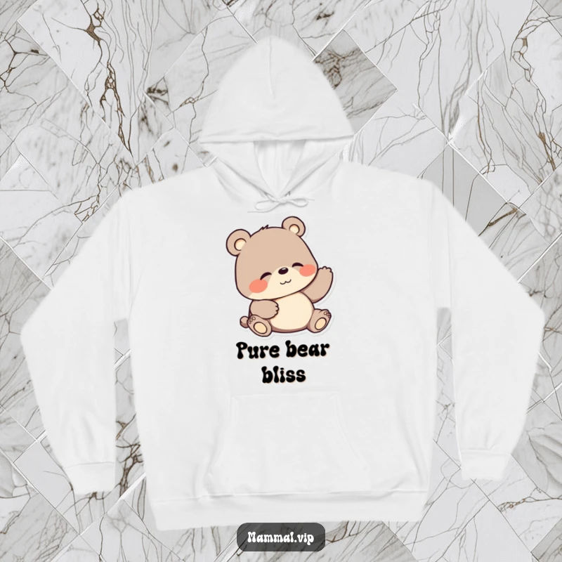 Funny hoodie displaying a cartoon bear joyfully scratching its belly with a huge smile, radiating comfort and humor.