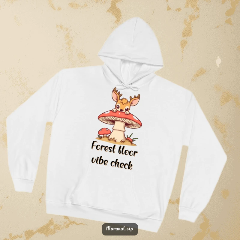 Funny deer hoodie showing a curious deer gazing over a big, stylized mushroom, perfect for fantasy lovers.