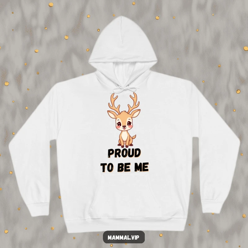 Funny Deer Hoodie: A happy deer character with impressive large antlers posing proudly, comfy and charming.