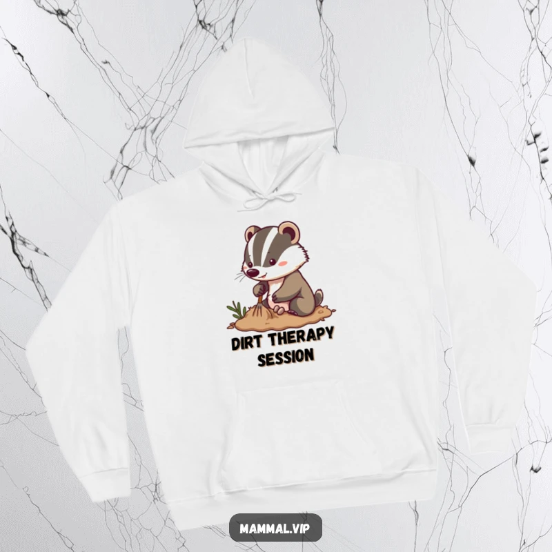 Funny energetic badger hoodie with a determined character digging enthusiastically in soft soil, offering warmth and a motivated vibe.