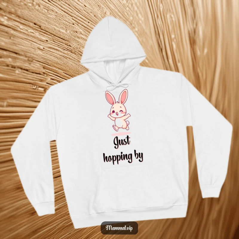 Funny bunny character playfully hopping with joy, on a cozy and funny hoodie.