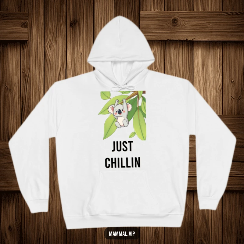 Funny hoodie with a cheerful koala hanging upside down from a giant eucalyptus leaf, offering a sense of peace and happiness.