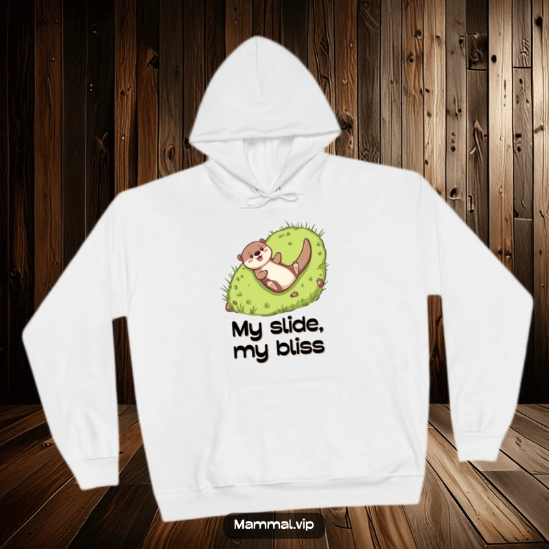 Funny Hoodie: Cheerful otter character joyfully sliding down a grassy hill, radiating happiness.