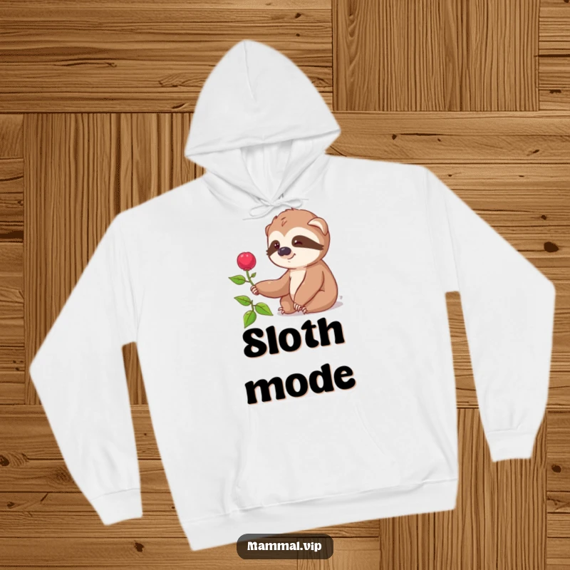 Funny hoodie with a smiling sloth character slowly reaching for a distant berry, representing a calm and humorous pursuit.