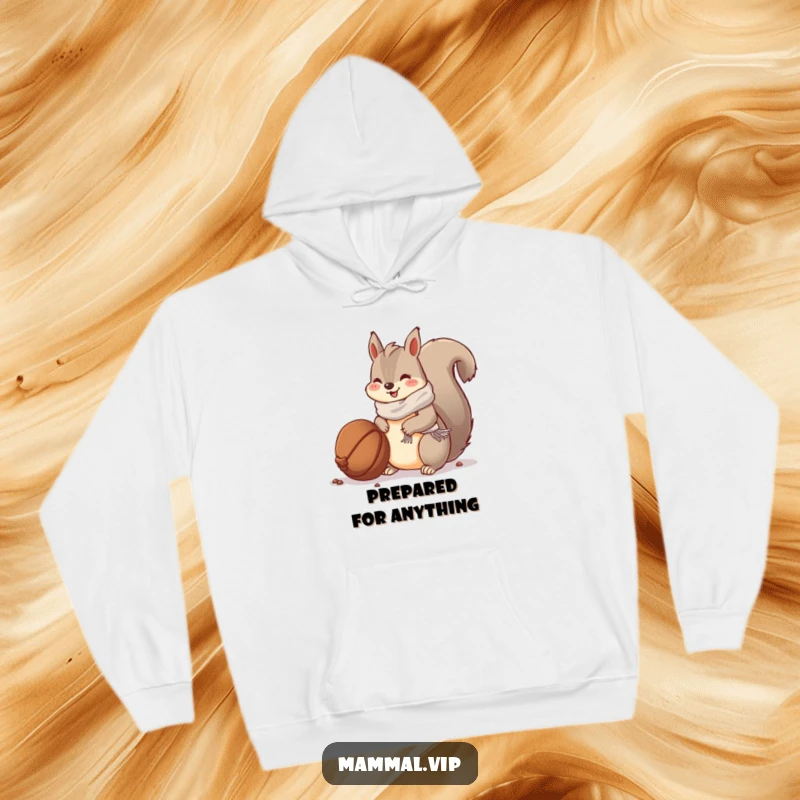 Funny hoodie: a squirrel in a small scarf burying a large nut, offering warmth and winter charm.