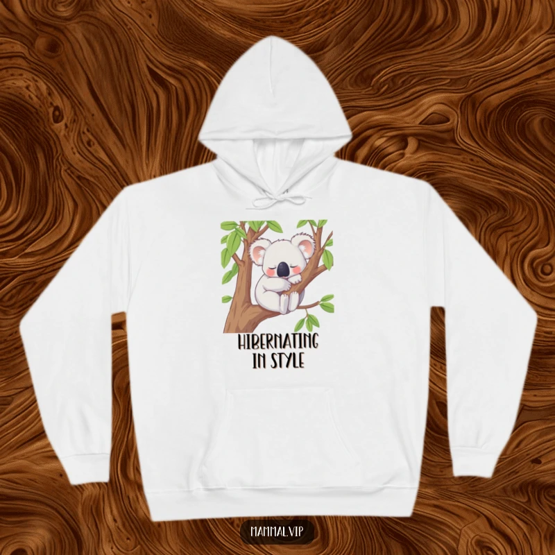 Funny Hoodie featuring a happy koala character peacefully snoozing on a tree branch, embodying ultimate comfort and serene relaxation.