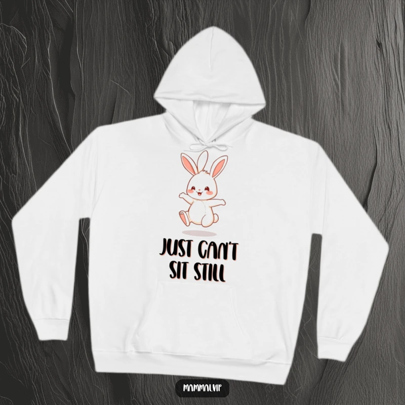 Funny Hoodie depicting a cheerful rabbit playfully bouncing on its hind legs, creating a heartwarming and humorous scene.