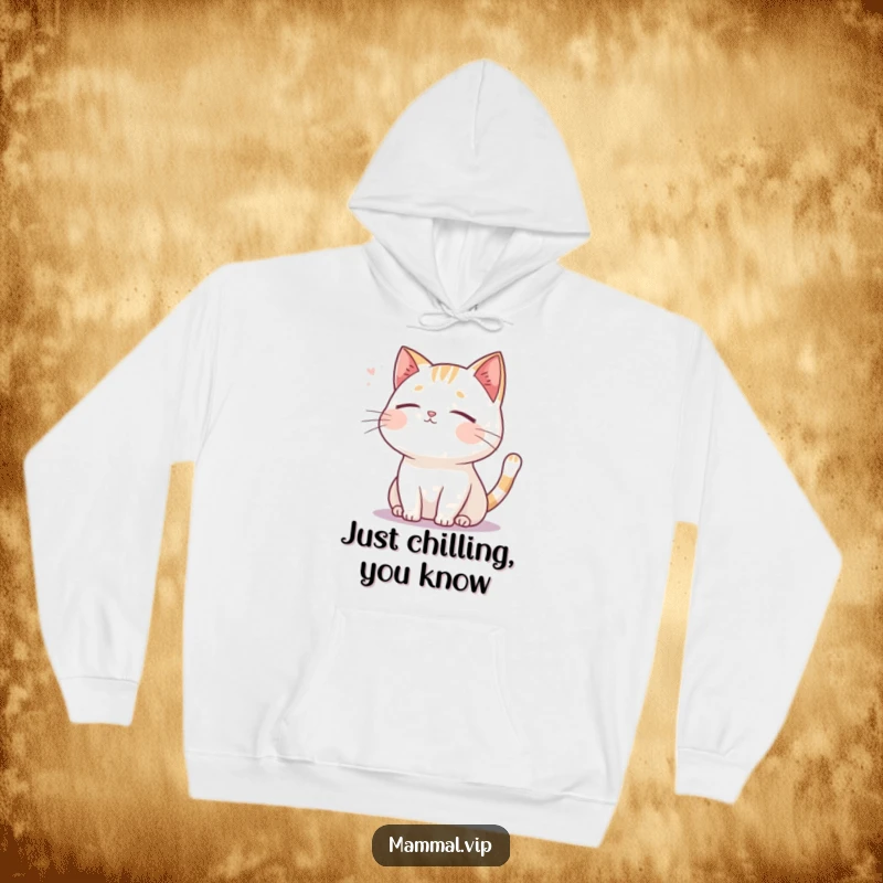 Funny cat hoodie, a serene cartoon cat with closed eyes, relaxing in a gentle breeze, perfect for cozy days.