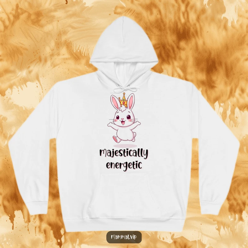 Funny hoodie: a cheerful rabbit king joyfully hopping, offering warmth and a touch of royalty.