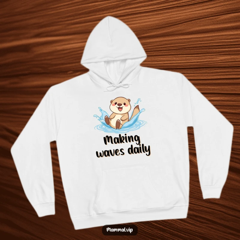 Funny happy otter character on a hoodie, sliding down a water splash, embodying cozy aquatic fun.