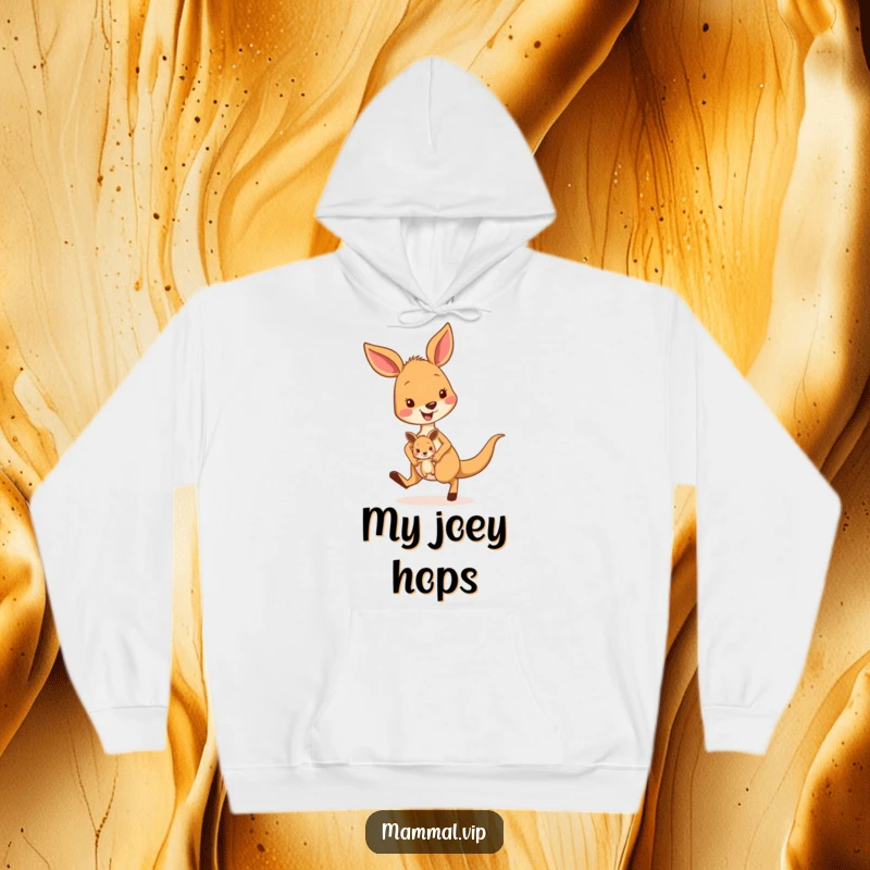 Funny kangaroo hoodie featuring an energetic character hopping with a joey, providing warmth and a humorous touch for anyone who loves marsupials.