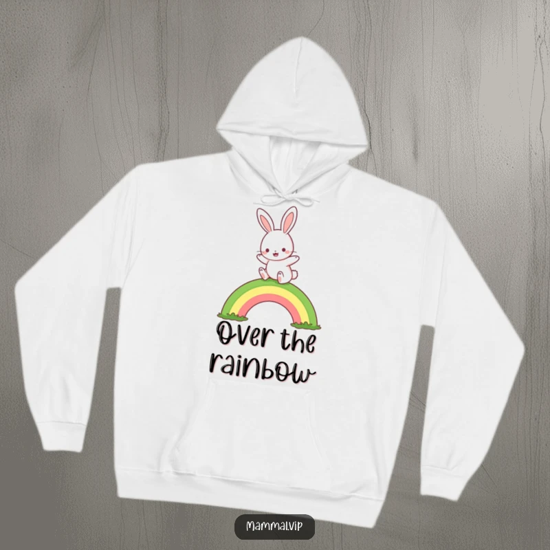 Funny rabbit rainbow hop hoodie, showing a cute character joyfully hopping over a rainbow, a warm and funny gift.