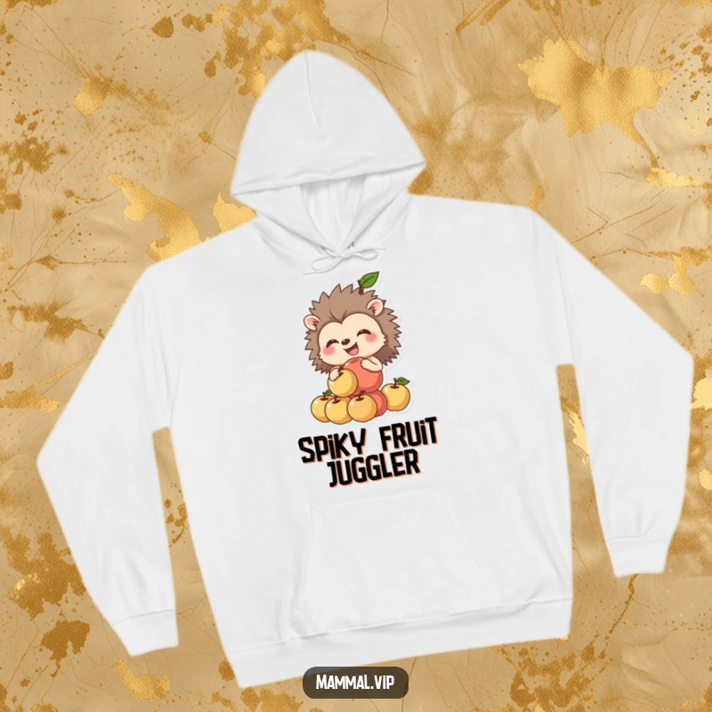 Funny hedgehog hoodie featuring a grinning hedgehog struggling humorously to balance a stack of apples, perfect for cozy laughs.