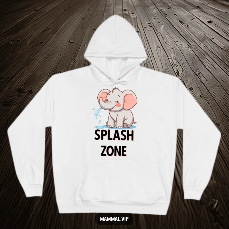 Funny hoodie featuring a happy elephant character playfully squirting water from its trunk, symbolizing fun and refreshing moments.