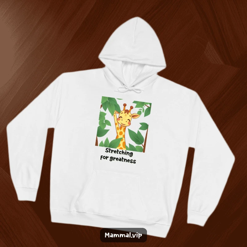 Funny Hoodie featuring a happy giraffe character reaching for high leaves with a smile, embodying comfort and the pursuit of goals.