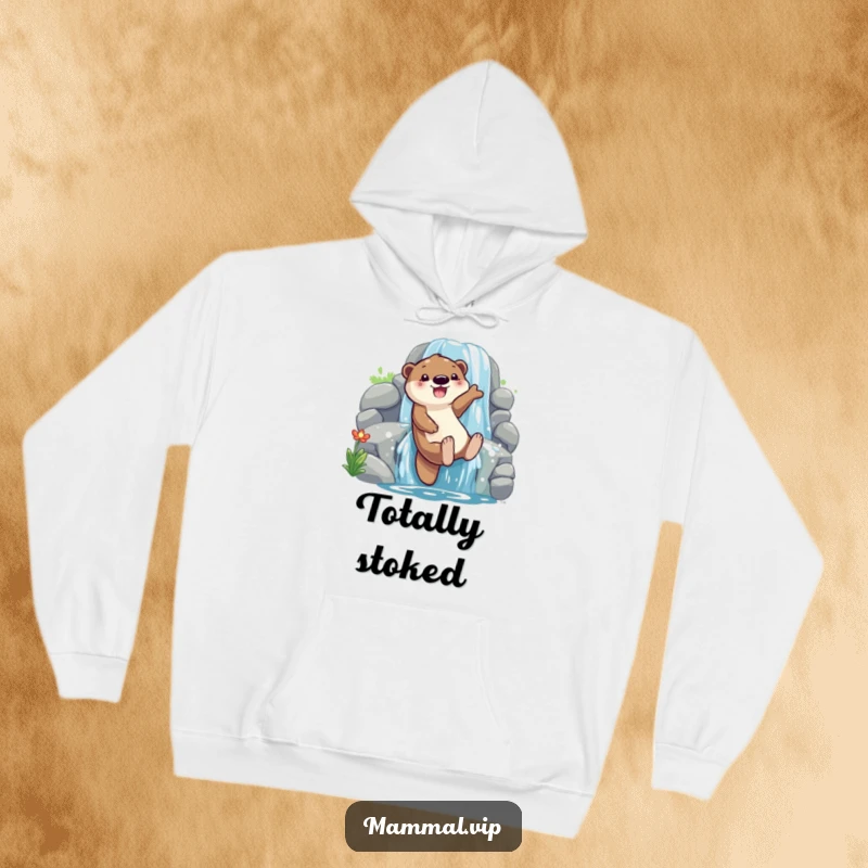 Funny otter sliding down a waterfall hoodie, showing a playful character with glee, perfect for comfort and a funny gift.