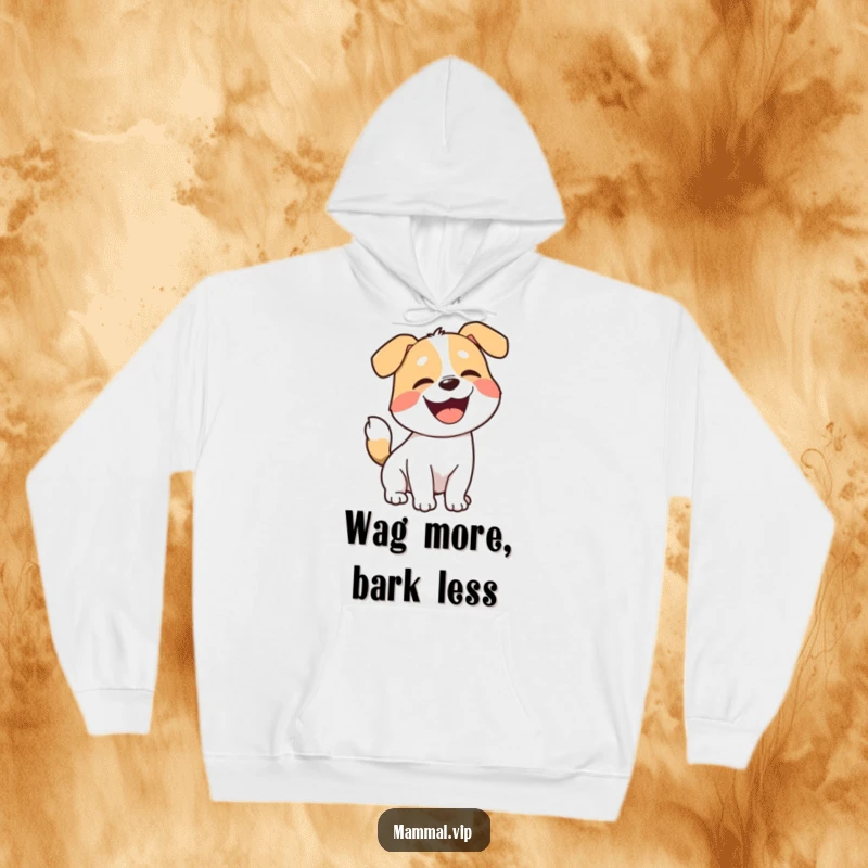 Funny dog hoodie, a joyful cartoon dog with a wagging tail barking enthusiastically, designed for comfort and laughter.