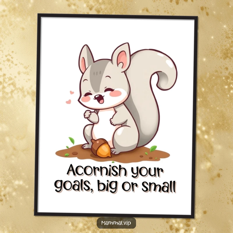 Funny Free Printable Wall Art: Squirrel chattering and burying an acorn, a humorous downloadable piece for any room.