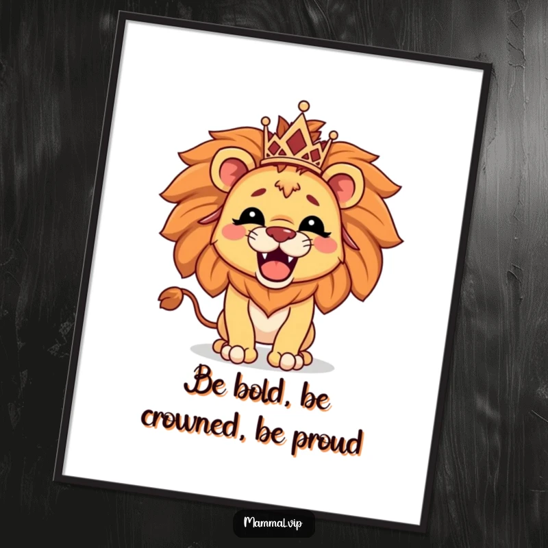 Funny Free Printable Wall Art: A majestic lion character with a tiny tiara, roaring powerfully to add regal humor to decor.