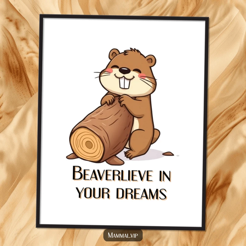 Funny Free Printable Wall Art: Energetic beaver enthusiastically gnawing a huge log, adding humor to decor.