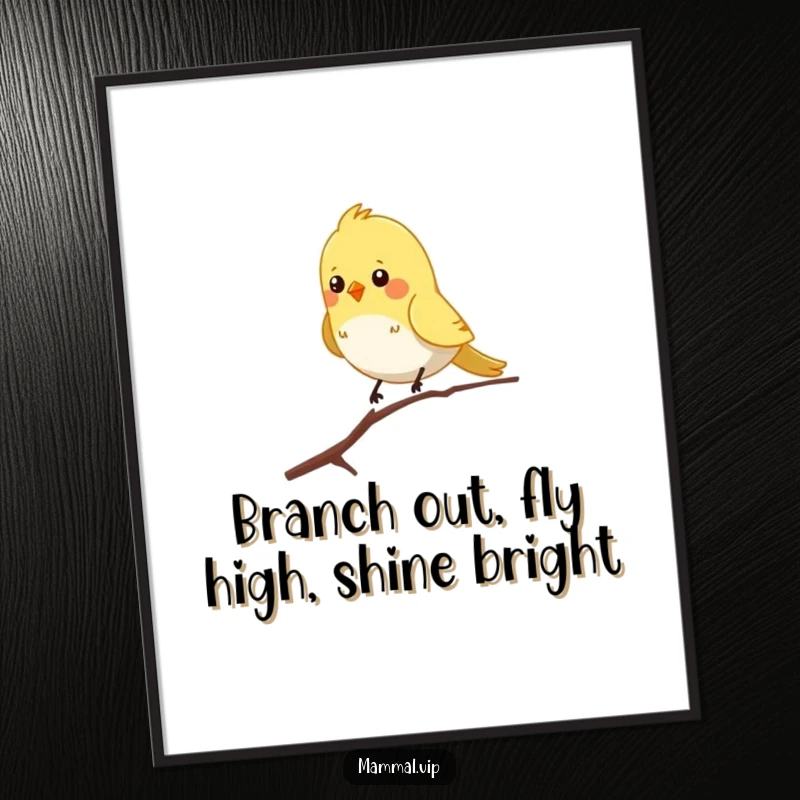 Funny Free Printable Wall Art: A chirpy bird character perched and balancing perfectly on a single skinny branch, adding whimsy to decor.