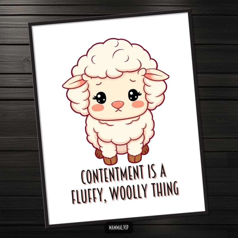 Funny Free Printable Wall Art: A content fluffy sheep character with soft woolly curls, exuding peaceful charm.